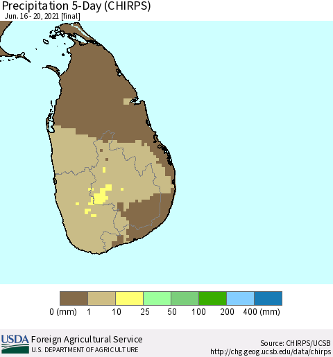Sri Lanka Precipitation 5-Day (CHIRPS) Thematic Map For 6/16/2021 - 6/20/2021