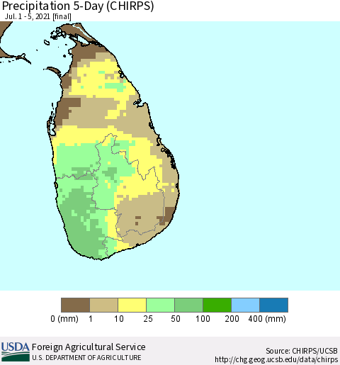 Sri Lanka Precipitation 5-Day (CHIRPS) Thematic Map For 7/1/2021 - 7/5/2021