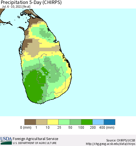 Sri Lanka Precipitation 5-Day (CHIRPS) Thematic Map For 7/6/2021 - 7/10/2021