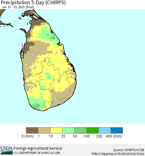 Sri Lanka Precipitation 5-Day (CHIRPS) Thematic Map For 7/11/2021 - 7/15/2021