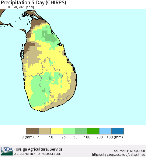 Sri Lanka Precipitation 5-Day (CHIRPS) Thematic Map For 7/16/2021 - 7/20/2021