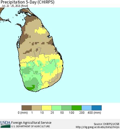 Sri Lanka Precipitation 5-Day (CHIRPS) Thematic Map For 7/21/2021 - 7/25/2021