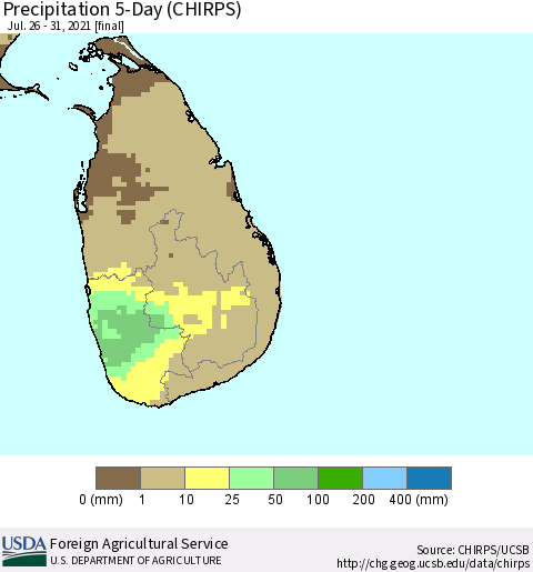 Sri Lanka Precipitation 5-Day (CHIRPS) Thematic Map For 7/26/2021 - 7/31/2021