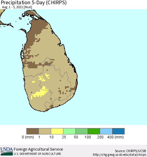 Sri Lanka Precipitation 5-Day (CHIRPS) Thematic Map For 8/1/2021 - 8/5/2021