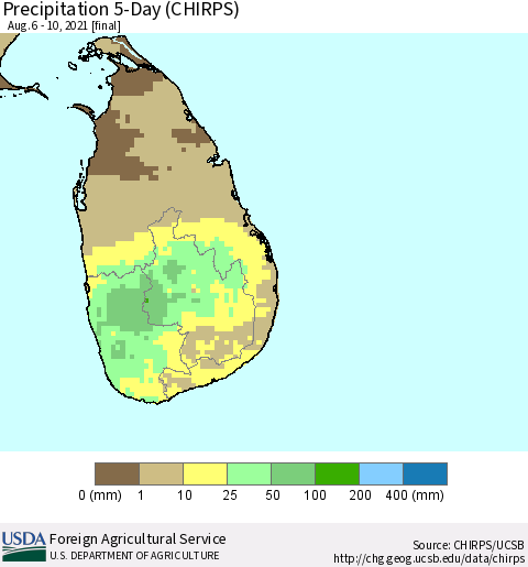 Sri Lanka Precipitation 5-Day (CHIRPS) Thematic Map For 8/6/2021 - 8/10/2021
