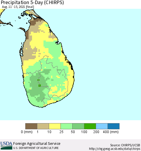 Sri Lanka Precipitation 5-Day (CHIRPS) Thematic Map For 8/11/2021 - 8/15/2021