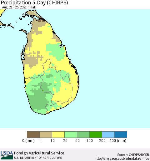 Sri Lanka Precipitation 5-Day (CHIRPS) Thematic Map For 8/21/2021 - 8/25/2021