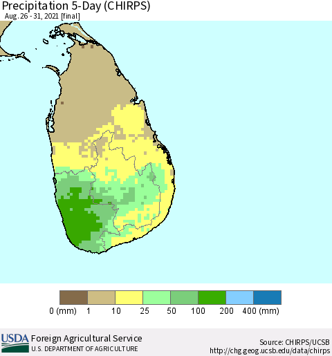 Sri Lanka Precipitation 5-Day (CHIRPS) Thematic Map For 8/26/2021 - 8/31/2021