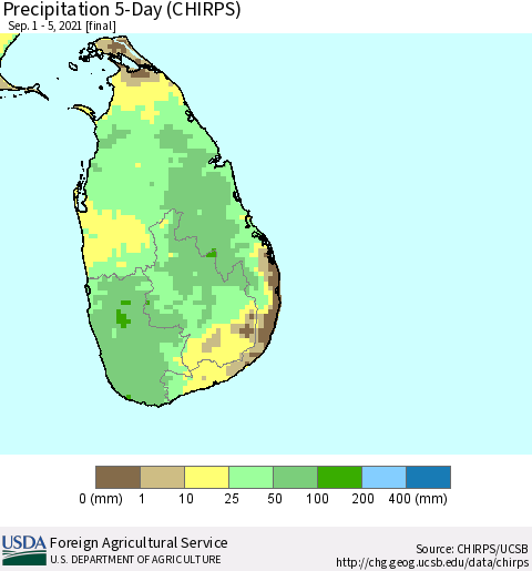 Sri Lanka Precipitation 5-Day (CHIRPS) Thematic Map For 9/1/2021 - 9/5/2021