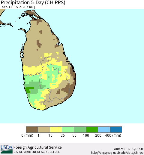 Sri Lanka Precipitation 5-Day (CHIRPS) Thematic Map For 9/11/2021 - 9/15/2021