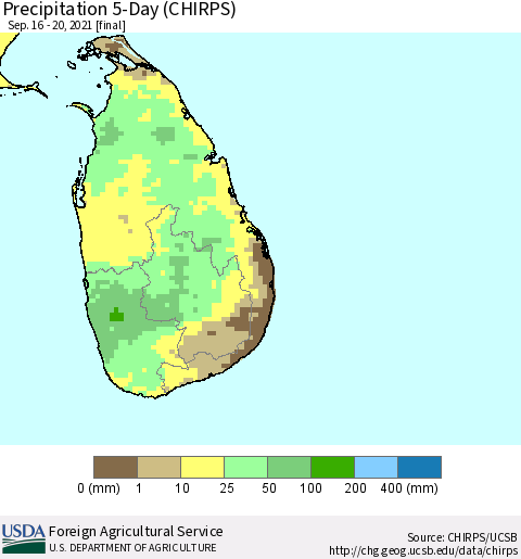 Sri Lanka Precipitation 5-Day (CHIRPS) Thematic Map For 9/16/2021 - 9/20/2021
