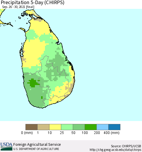 Sri Lanka Precipitation 5-Day (CHIRPS) Thematic Map For 9/26/2021 - 9/30/2021
