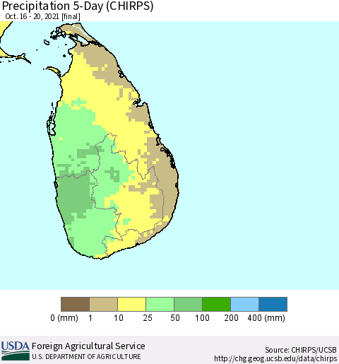 Sri Lanka Precipitation 5-Day (CHIRPS) Thematic Map For 10/16/2021 - 10/20/2021