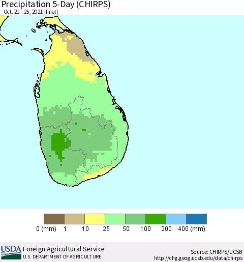 Sri Lanka Precipitation 5-Day (CHIRPS) Thematic Map For 10/21/2021 - 10/25/2021
