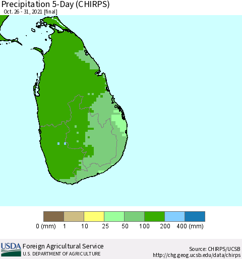 Sri Lanka Precipitation 5-Day (CHIRPS) Thematic Map For 10/26/2021 - 10/31/2021