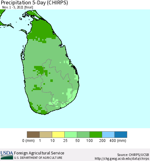 Sri Lanka Precipitation 5-Day (CHIRPS) Thematic Map For 11/1/2021 - 11/5/2021