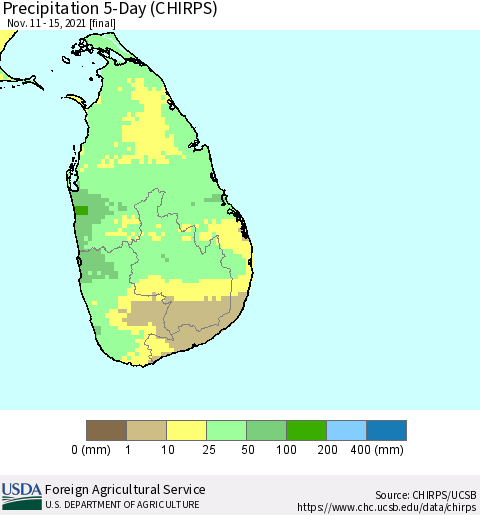 Sri Lanka Precipitation 5-Day (CHIRPS) Thematic Map For 11/11/2021 - 11/15/2021