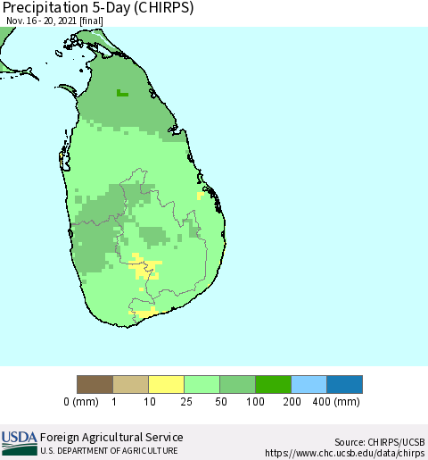 Sri Lanka Precipitation 5-Day (CHIRPS) Thematic Map For 11/16/2021 - 11/20/2021