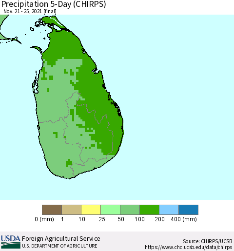 Sri Lanka Precipitation 5-Day (CHIRPS) Thematic Map For 11/21/2021 - 11/25/2021