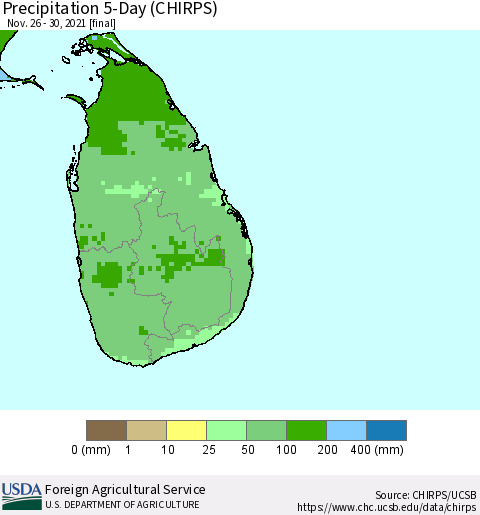 Sri Lanka Precipitation 5-Day (CHIRPS) Thematic Map For 11/26/2021 - 11/30/2021