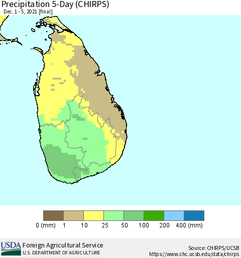 Sri Lanka Precipitation 5-Day (CHIRPS) Thematic Map For 12/1/2021 - 12/5/2021