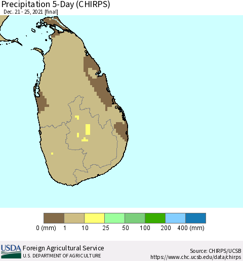 Sri Lanka Precipitation 5-Day (CHIRPS) Thematic Map For 12/21/2021 - 12/25/2021