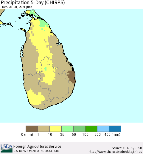 Sri Lanka Precipitation 5-Day (CHIRPS) Thematic Map For 12/26/2021 - 12/31/2021