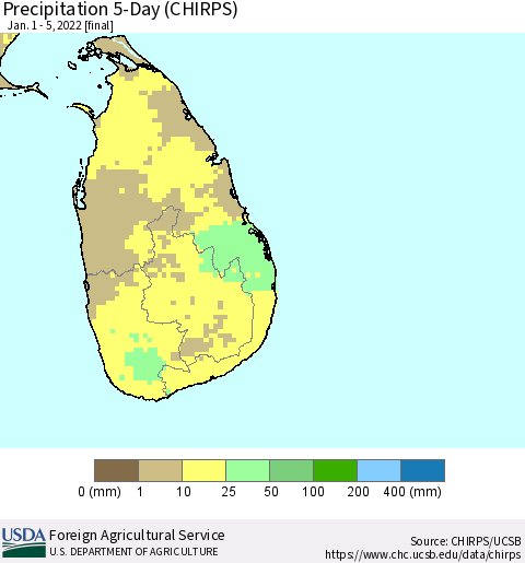 Sri Lanka Precipitation 5-Day (CHIRPS) Thematic Map For 1/1/2022 - 1/5/2022