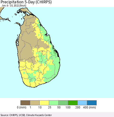 Sri Lanka Precipitation 5-Day (CHIRPS) Thematic Map For 1/6/2022 - 1/10/2022