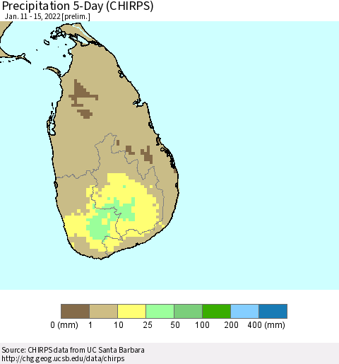 Sri Lanka Precipitation 5-Day (CHIRPS) Thematic Map For 1/11/2022 - 1/15/2022
