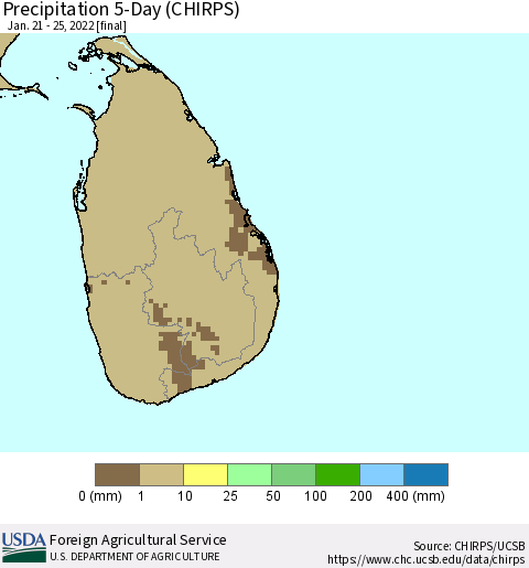 Sri Lanka Precipitation 5-Day (CHIRPS) Thematic Map For 1/21/2022 - 1/25/2022