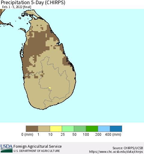 Sri Lanka Precipitation 5-Day (CHIRPS) Thematic Map For 2/1/2022 - 2/5/2022