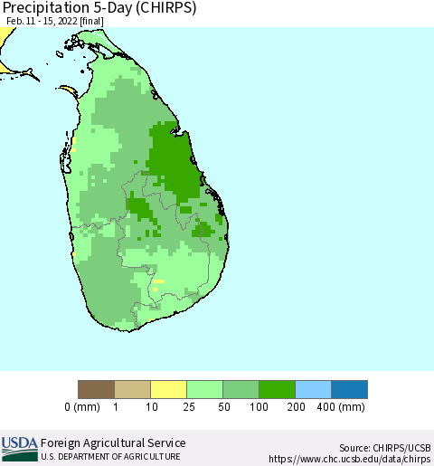 Sri Lanka Precipitation 5-Day (CHIRPS) Thematic Map For 2/11/2022 - 2/15/2022