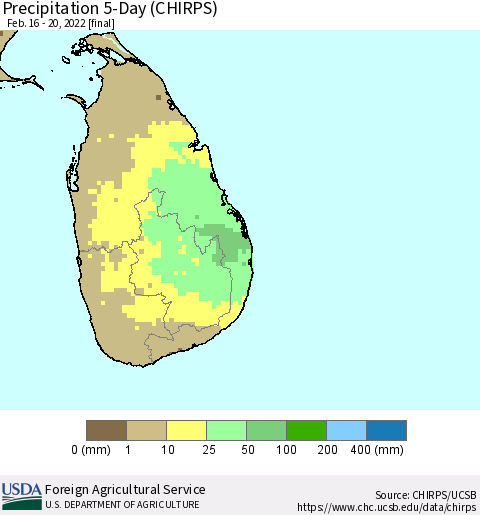 Sri Lanka Precipitation 5-Day (CHIRPS) Thematic Map For 2/16/2022 - 2/20/2022