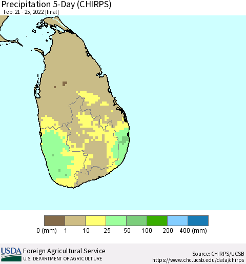 Sri Lanka Precipitation 5-Day (CHIRPS) Thematic Map For 2/21/2022 - 2/25/2022
