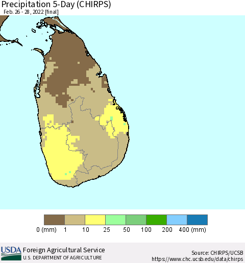 Sri Lanka Precipitation 5-Day (CHIRPS) Thematic Map For 2/26/2022 - 2/28/2022