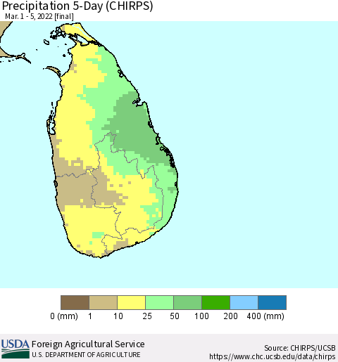 Sri Lanka Precipitation 5-Day (CHIRPS) Thematic Map For 3/1/2022 - 3/5/2022