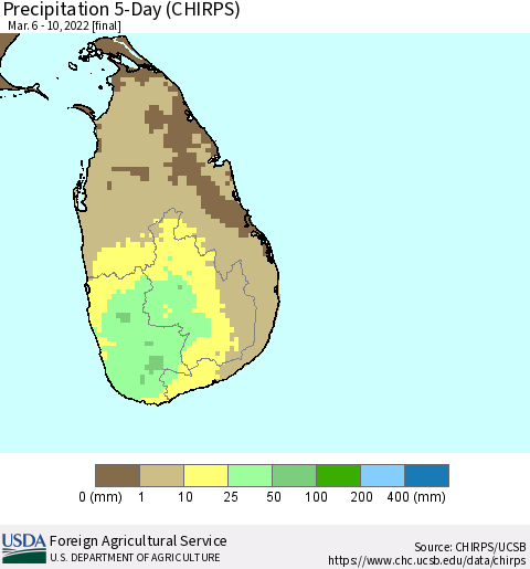 Sri Lanka Precipitation 5-Day (CHIRPS) Thematic Map For 3/6/2022 - 3/10/2022