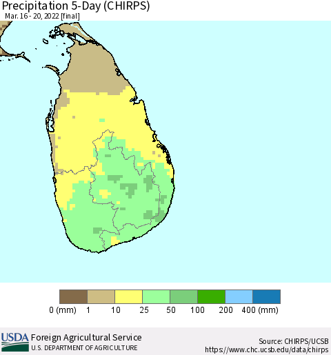 Sri Lanka Precipitation 5-Day (CHIRPS) Thematic Map For 3/16/2022 - 3/20/2022