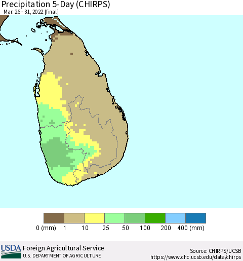 Sri Lanka Precipitation 5-Day (CHIRPS) Thematic Map For 3/26/2022 - 3/31/2022