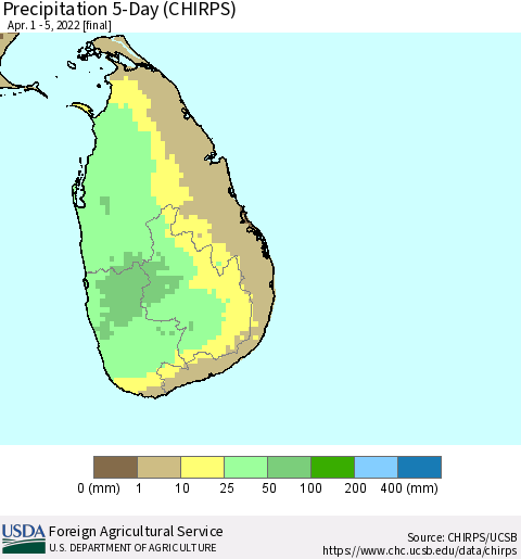 Sri Lanka Precipitation 5-Day (CHIRPS) Thematic Map For 4/1/2022 - 4/5/2022