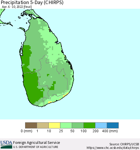 Sri Lanka Precipitation 5-Day (CHIRPS) Thematic Map For 4/6/2022 - 4/10/2022