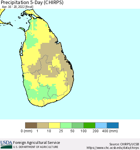 Sri Lanka Precipitation 5-Day (CHIRPS) Thematic Map For 4/16/2022 - 4/20/2022