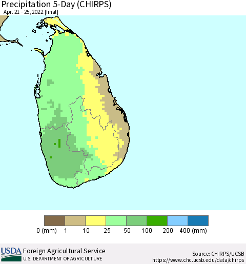 Sri Lanka Precipitation 5-Day (CHIRPS) Thematic Map For 4/21/2022 - 4/25/2022
