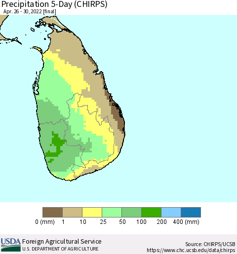 Sri Lanka Precipitation 5-Day (CHIRPS) Thematic Map For 4/26/2022 - 4/30/2022