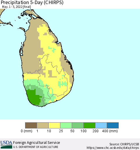 Sri Lanka Precipitation 5-Day (CHIRPS) Thematic Map For 5/1/2022 - 5/5/2022