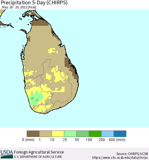 Sri Lanka Precipitation 5-Day (CHIRPS) Thematic Map For 5/16/2022 - 5/20/2022