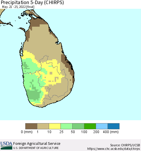 Sri Lanka Precipitation 5-Day (CHIRPS) Thematic Map For 5/21/2022 - 5/25/2022