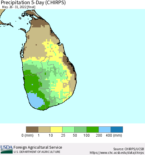 Sri Lanka Precipitation 5-Day (CHIRPS) Thematic Map For 5/26/2022 - 5/31/2022