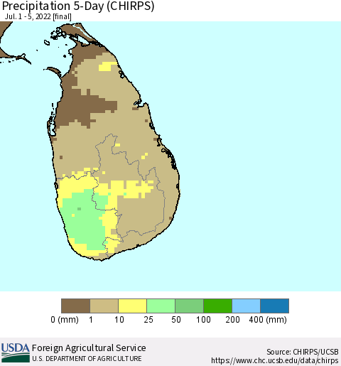 Sri Lanka Precipitation 5-Day (CHIRPS) Thematic Map For 7/1/2022 - 7/5/2022
